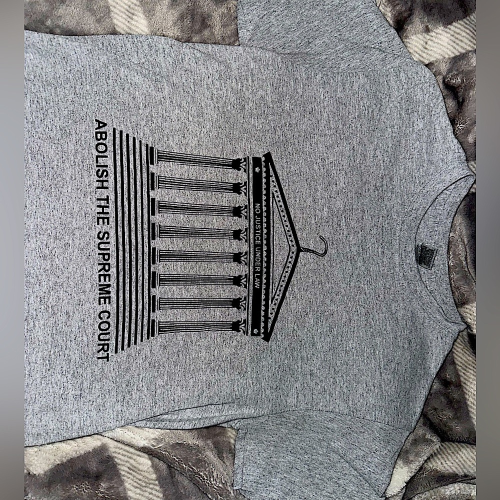 Gildan, small sized gray unisex t-shirt with “ABOLISH THE SUPREME COURT” wording